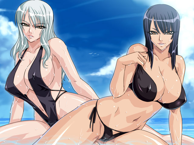 bikini black_hair breasts cleavage covered_nipples day kagami_hirotaka large_breasts mature mother_and_daughter multiple_girls nico_olvia nico_robin one_piece side-tie_bikini slingshot_swimsuit swimsuit thighs wet white_hair