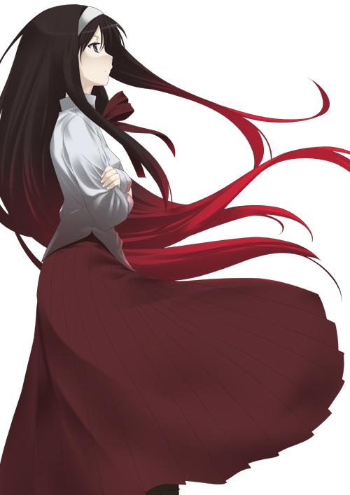 black_hair blue_eyes bow hairband long_hair long_skirt long_sleeves mizuki_makoto red_skirt skirt solo toono_akiha tsukihime white_hairband