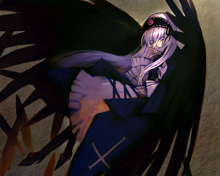 black_wings cross dress frilled_sleeves frills full_body hairband hand_on_own_cheek inverted_cross latin_cross lolita_fashion lolita_hairband long_hair long_sleeves looking_at_viewer pink_eyes rozen_maiden sakamoto_mineji silver_hair smile solo suigintou wings