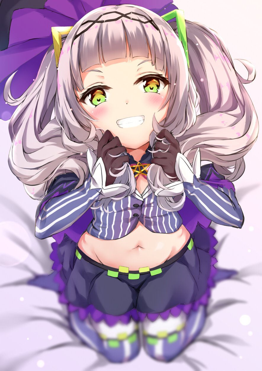 1girl blurry blurry_background blush capelet clenched_teeth commentary_request crop_top gloves groin hair_ornament hat highres hololive kneeling long_hair looking_at_viewer midriff murasaki_shion navel silver_hair solo teeth thighhighs twintails virtual_youtuber witch_hat yellow_eyes yukishiro_arute