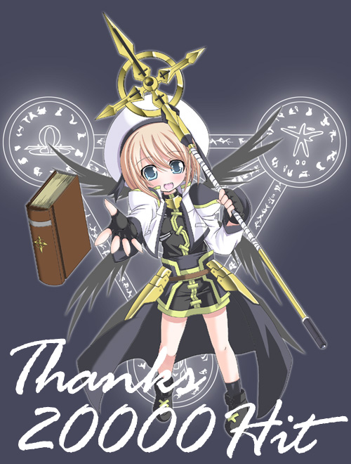 artist_request blonde_hair blue_eyes book floating_book hat hits long_sleeves lyrical_nanoha magic_circle mahou_shoujo_lyrical_nanoha mahou_shoujo_lyrical_nanoha_a's multiple_wings omega_symbol schwertkreuz short_hair skirt staff tome_of_the_night_sky unison waist_cape wings yagami_hayate
