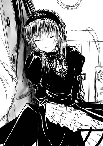 artist_request greyscale long_hair long_sleeves monochrome rozen_maiden sleeping solo suigintou