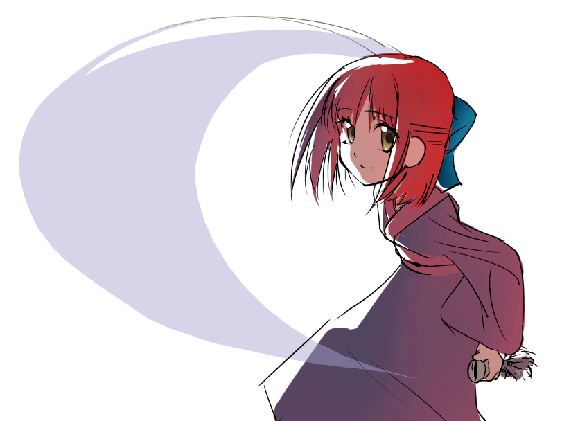 artist_request blue_bow bow brown_eyes cowboy_shot hair_bow half_updo kohaku long_sleeves looking_at_viewer red_hair robe scabbard sheath short_hair smile solo sword tsukihime weapon white_background
