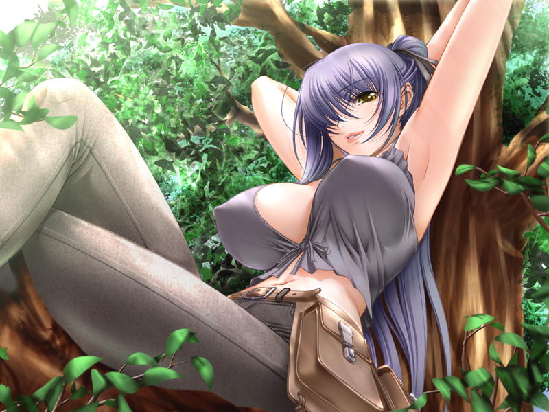 against_tree armpits arms_behind_head bag belt blue_hair breasts camisole covered_nipples crossed_legs day front-tie_top game_cg hair_over_one_eye hair_ribbon huge_breasts in_tree leaf lipstick long_hair makeup mature midriff nature no_bra ogushi_yuniko outdoors pants ponytail reclining ribbon sano_toshihide satchel shichinin_no_online_gamers sitting sitting_in_tree smile solo tree very_long_hair yellow_eyes