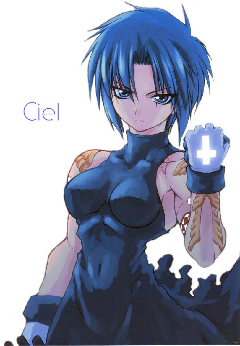 artist_request bare_shoulders blue_eyes blue_hair ciel cross gloves latin_cross solo tattoo toned tsukihime