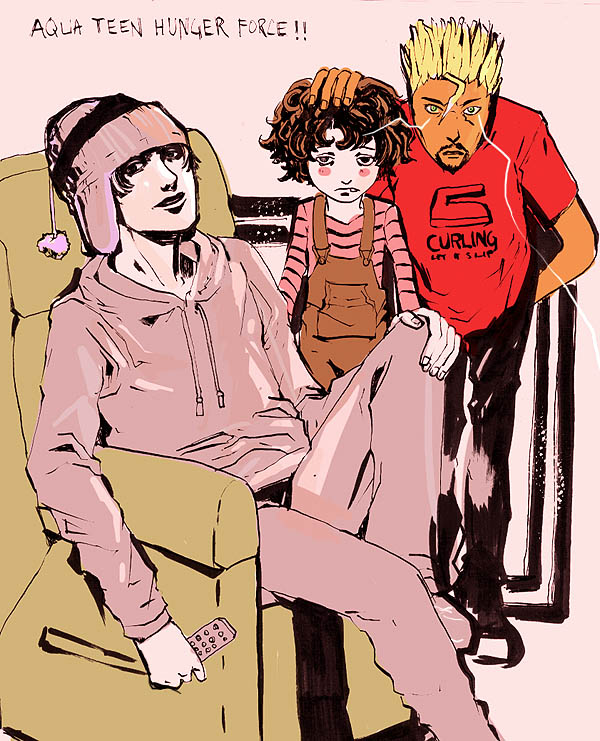 aqua_teen_hunger_force artist_request beanie blonde_hair blush brown_eyes brown_hair chair frylock green_eyes hat long_sleeves male_focus master_shake meatwad multiple_boys overalls pants personification sitting sweatpants sweatshirt tan