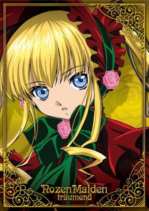 artist_request blonde_hair blue_eyes bonnet bow copyright_name expressionless flower frills green_bow long_hair pink_flower pink_rose rose rozen_maiden shinku solo twintails upper_body yellow_background