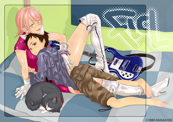 1girl arm_support barefoot bass_guitar black_hair boots brown_eyes cat checkered dress feet flcl gainaxtop gloves haruhara_haruko hood hoodie hug instrument lying miyu_miyu nandaba_naota on_stomach pink_hair rickenbacker short_hair short_sleeves sitting smile thigh_boots thighhighs white_legwear yellow_eyes yonekura_kengo