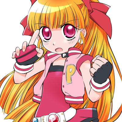 akazutsumi_momoko artist_request belt black_gloves bow clenched_hand cowboy_shot fingerless_gloves gloves hair_bow hyper_blossom jacket long_hair looking_at_viewer lowres orange_hair pink_eyes ponytail powerpuff_girls_z red_bow red_shirt red_skirt shirt skirt solo white_background yo-yo