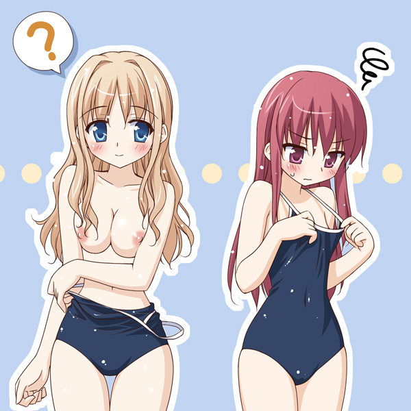 ? blonde_hair blue_eyes breast_envy breasts competition_school_swimsuit dressing game_cg matsubara_yuuna medium_breasts multiple_girls nipples oda_nanami one-piece_swimsuit peko pulled_by_self red_eyes red_hair school_swimsuit sono_hanabira_ni_kuchizuke_wo squiggle strap_pull swimsuit swimsuit_pull topless undressing