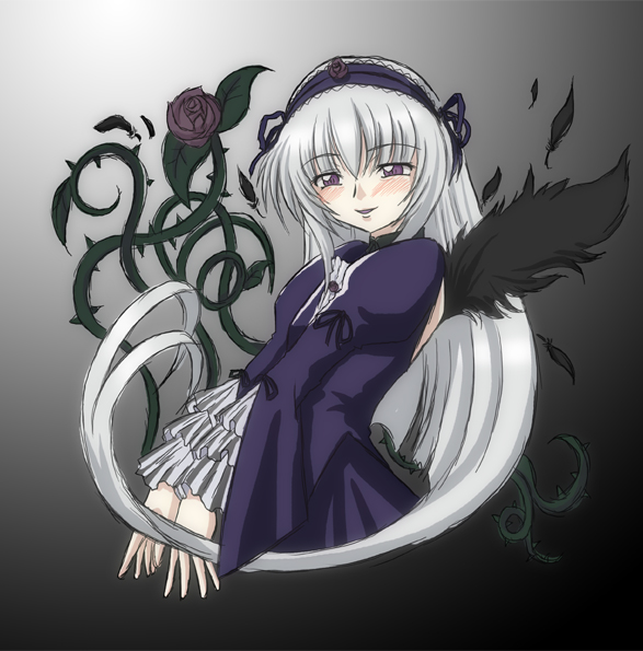 artist_request blush feathers flower long_sleeves pale_skin purple_eyes rose rozen_maiden silver_hair solo suigintou wings
