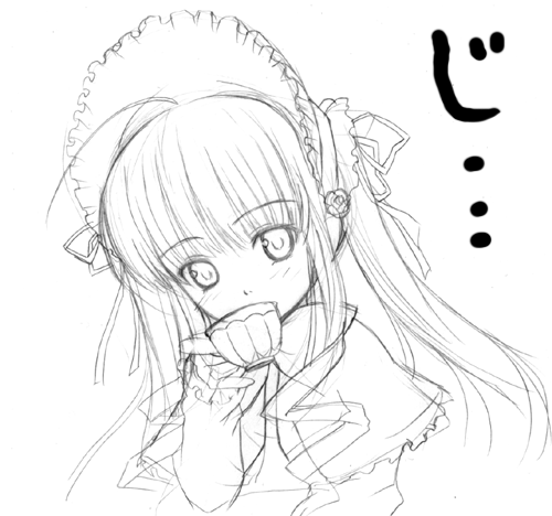 artist_request capelet greyscale long_hair long_sleeves lowres monochrome rozen_maiden shinku sketch solo