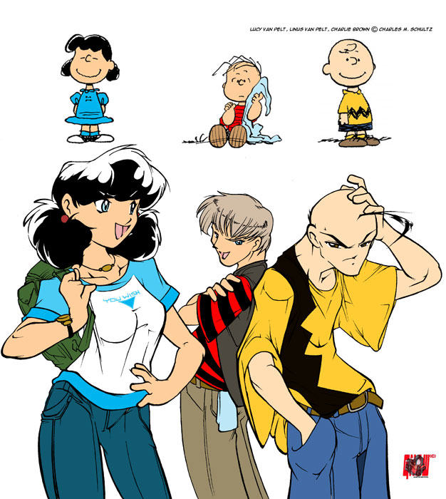 2boys backpack bag bald black_hair blue_eyes breasts brother_and_sister charlie_brown clothes_writing gnaw jewelry linus_van_pelt lucy_van_pelt medium_breasts multiple_boys necklace oversized_clothes parody peanuts shirt short_hair siblings style_parody t-shirt watch