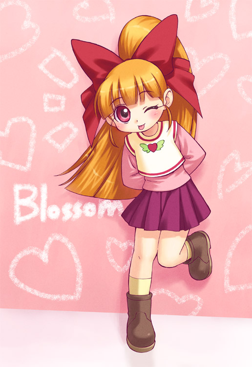 ;p akazutsumi_momoko arms_behind_back artist_request blush bow brown_footwear brown_hair character_name full_body hair_bow heart heart_background hyper_blossom kneehighs long_hair long_sleeves one_eye_closed pink_background pink_shirt ponytail powerpuff_girls_z purple_skirt red_bow red_eyes shirt shoes short_over_long_sleeves short_sleeves skirt solo standing standing_on_one_leg tongue tongue_out yellow_legwear