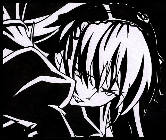 artist_request clenched_teeth face greyscale kirigami long_hair long_sleeves monochrome parted_lips rozen_maiden solo suigintou teeth upper_body