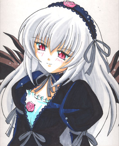 artist_request black_dress blush brown_wings detached_collar dress flower from_above grey_background hairband lolita_hairband long_hair long_sleeves lowres pink_eyes ribbon rose rozen_maiden silver_hair simple_background smile solo suigintou very_long_hair wings