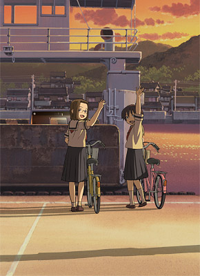 bicycle brown_hair dusk ground_vehicle hitotsubashi_yurie kamichu! lowres multiple_girls naruko_hanaharu onomichi_(city) school_uniform shijou_mitsue waving