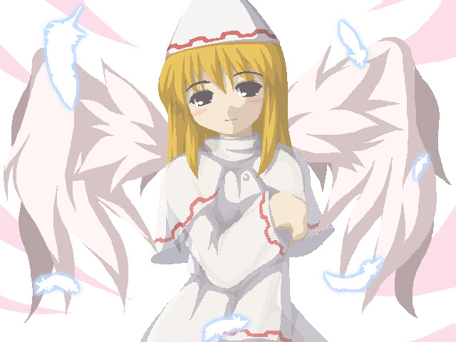 blonde_hair blush brown_eyes capelet dress feathers fukaiton hat lily_white long_sleeves smile solo touhou white_dress wings