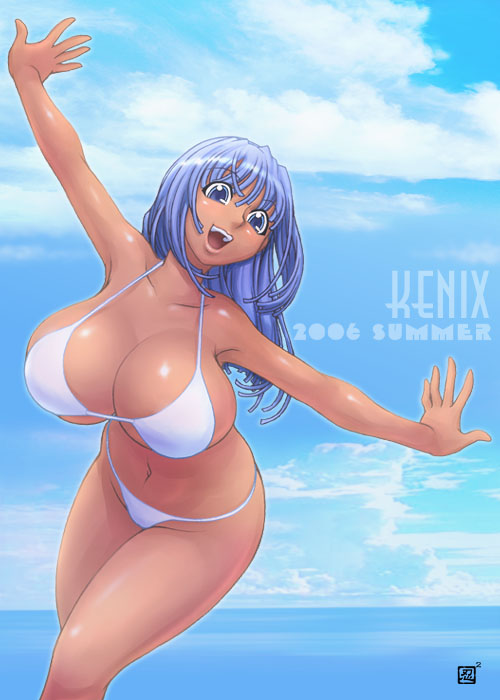 2006 :d bangs bare_arms bare_shoulders bikini blue_eyes blue_hair blue_sky breasts bu-n cloud collarbone copyright_request dark_skin day eyebrows_visible_through_hair groin hair_between_eyes huge_breasts kenix long_hair navel ocean open_mouth outdoors outstretched_arms sky smile solo spread_arms swimsuit teeth white_bikini