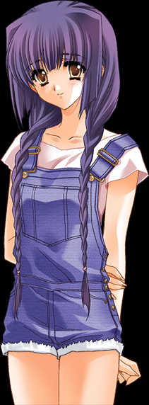 arms_behind_back black_background blue_overalls braid carnelian cowboy_shot cutoff_overalls cutoffs hair_intakes hair_over_shoulder hand_on_own_arm kao_no_nai_tsuki kuraki_suzuna legs_together long_hair overall_shorts overalls purple_hair short_sleeves simple_background solo source_request standing suzuna's_diary twin_braids very_long_hair yellow_eyes