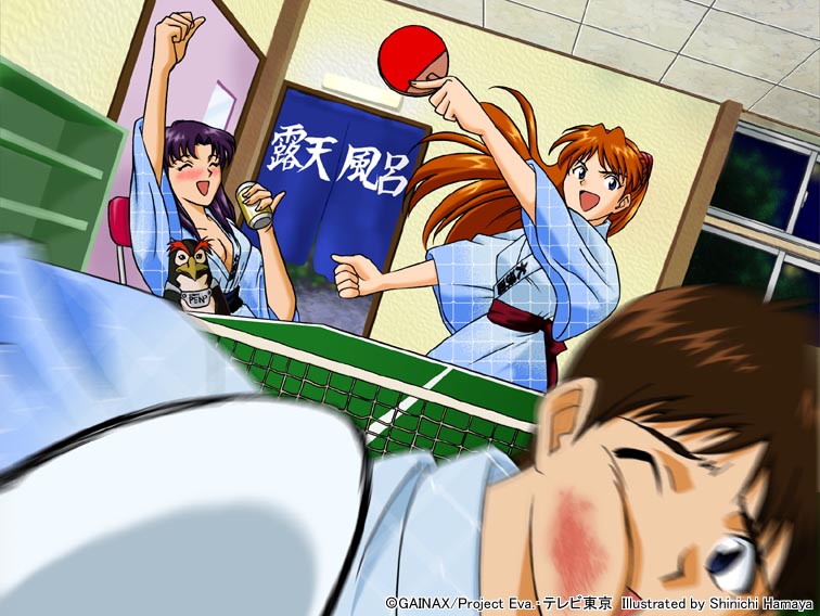 2girls bath_yukata breasts cleavage hamaya_shin'ichi ikari_shinji japanese_clothes katsuragi_misato kimono long_sleeves medium_breasts multiple_girls neon_genesis_evangelion paddle penpen souryuu_asuka_langley table_tennis table_tennis_paddle yukata