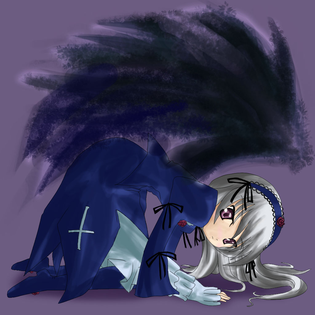 all_fours artist_request black_wings blue_legwear boots closed_mouth expressionless flower frills full_body gothic_lolita grey_hair hairband juliet_sleeves lolita_fashion long_hair long_sleeves puffy_sleeves purple_background purple_eyes red_flower red_rose rose rozen_maiden solo suigintou wings