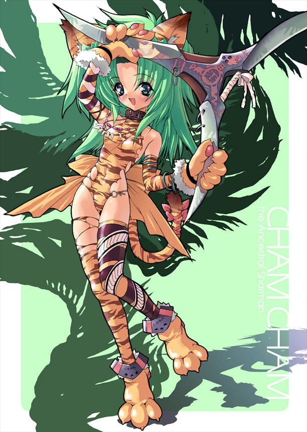 animal_ears animal_print bare_shoulders cat_ears cat_tail cham_cham collar fang flat_chest fur gloves green_eyes green_hair happy jewelry leotard miwa_yoshikazu necklace open_mouth paw_gloves paw_shoes paws reflection samurai_spirits shadow shoes smile snk solo tail thighhighs tiger_print torn_clothes torn_legwear weapon