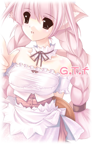 :d bare_shoulders braid collarbone copyright_request detached_collar dress guilty_troop_factory jian long_hair lowres off-shoulder_dress off_shoulder open_mouth palms pink_hair simple_background smile solo tray twin_braids twintails upper_body very_long_hair white_background