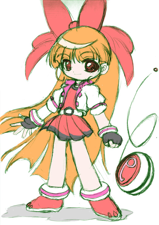 akazutsumi_momoko ankle_boots artist_request bangs belt blush boots bow choker clenched_hand dress fingerless_gloves flat_chest full_body gloves hair_bow hyper_blossom jacket long_hair looking_at_viewer magical_girl miniskirt open_clothes open_jacket orange_hair pleated_skirt powerpuff_girls_z red_eyes shadow short_dress simple_background sketch skirt smile solo standing very_long_hair weapon white_background yo-yo