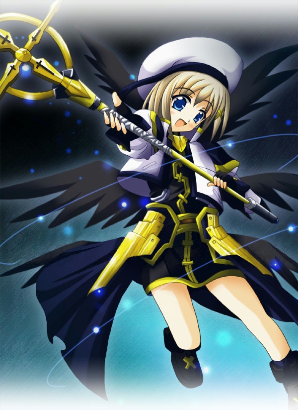 :d black_background black_footwear black_gloves black_wings blonde_hair blue_background blue_eyes fingerless_gloves full_body gloves hair_ornament hat looking_at_viewer lyrical_nanoha magical_girl mahou_shoujo_lyrical_nanoha mahou_shoujo_lyrical_nanoha_a's multiple_wings open_mouth schwertkreuz shoes short_hair skirt smile solo staff takase_shin'ya unison waist_cape white_hat wings x_hair_ornament yagami_hayate