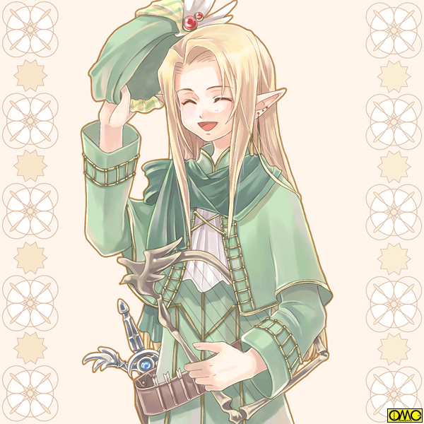 asura_fantasy_online blonde_hair earrings elf harp hat instrument jewelry kuga_tsukasa long_hair long_sleeves omc pointy_ears scarf solo sword weapon white_background