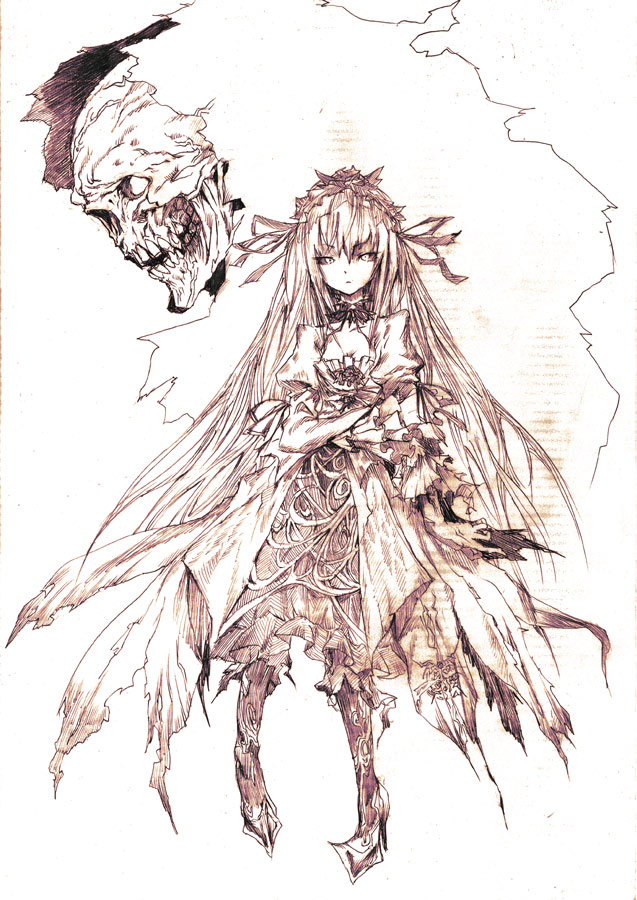 artist_request bone breasts cleavage closed_mouth crossed_arms expressionless floating flower hairband lolita_hairband long_hair rose rozen_maiden simple_background skull small_breasts solo standing suigintou teeth white_background