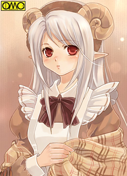 asura_fantasy_online elf horns kuga_tsukasa long_sleeves lowres maid omc pointy_ears red_eyes silver_hair solo