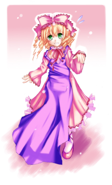apron artist_request blonde_hair bow dress flying_sweatdrops full_body green_eyes grin hina_ichigo long_sleeves looking_at_viewer pink_bow pink_dress pink_footwear pumps rozen_maiden shoes smile solo standing wavy_mouth white_legwear