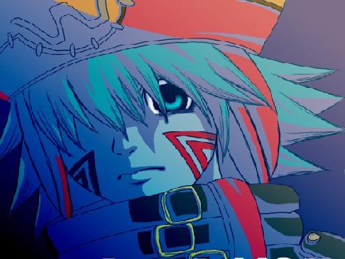 .hack//g.u. .hack//roots 1boy aqua_hair artist_request azure_kite bangs blue_eyes close-up closed_mouth face hair_over_one_eye hat lowres male_focus solo spiked_hair stitches strap tattoo