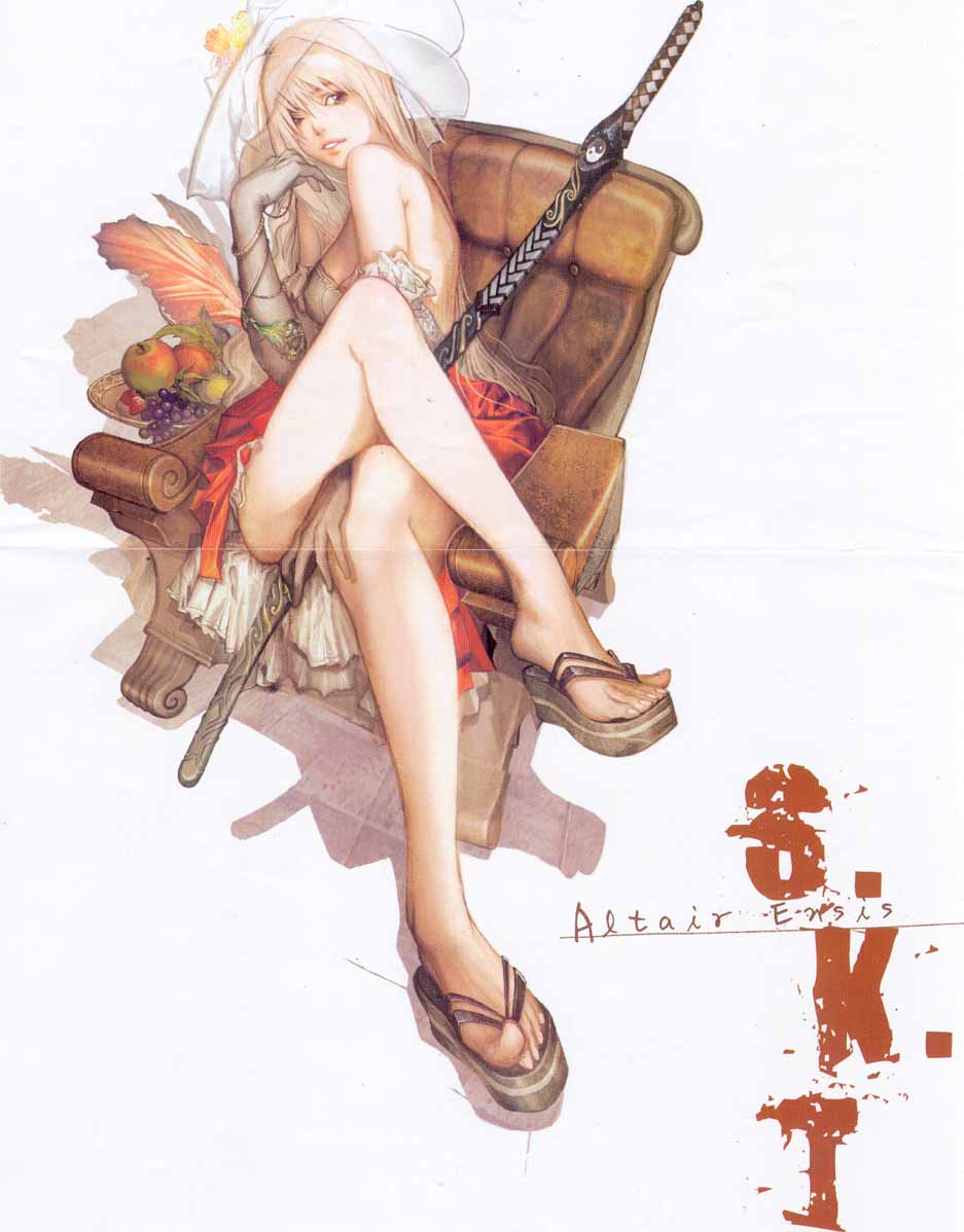 artist_request blonde_hair copyright_request dress feet gloves legs sandals solo sword toes weapon