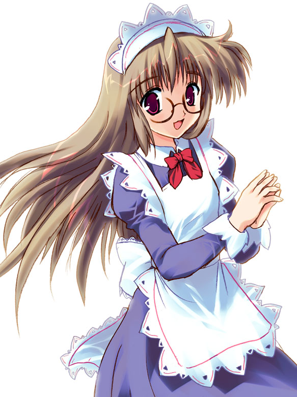 apron artist_request brown_hair copyright_request glasses long_hair long_sleeves maid red_eyes simple_background solo