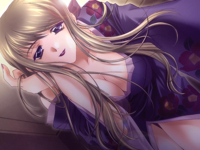 breasts carnelian cleavage game_cg japanese_clothes kao_no_nai_tsuki kimono kuraki_yuriko large_breasts lipstick long_hair makeup purple_eyes solo