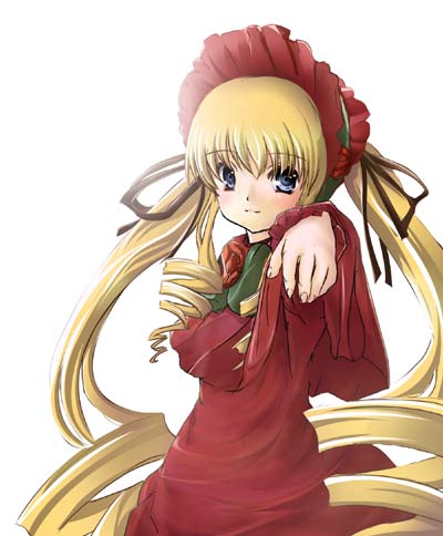 artist_request blonde_hair blue_eyes bonnet bow dress flower frills green_bow long_hair long_sleeves looking_at_viewer lowres outstretched_hand red_dress red_flower red_rose rose rozen_maiden shinku smile solo twintails white_background