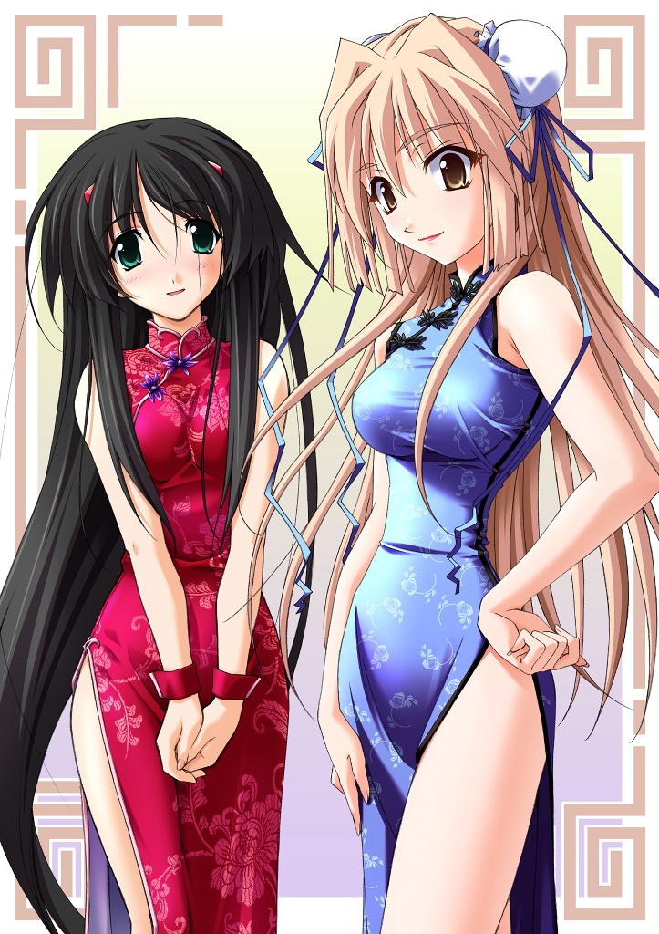 black_hair blonde_hair blush bun_cover china_dress chinese_clothes double_bun dress duplicate green_eyes hair_ornament hairclip hanamatsuri_karin hand_on_hip lipstick long_hair makeup memories_off misasagi_inori multiple_girls nishimata_aoi smile thighs very_long_hair wrist_cuffs yellow_eyes