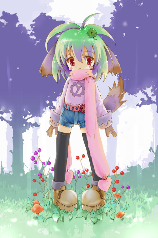 animal_ears blush_stickers child copyright_request dog_ears gloves green_hair long_sleeves mushroom red_eyes scarf solo tail thighhighs yurikuta_tsukumi