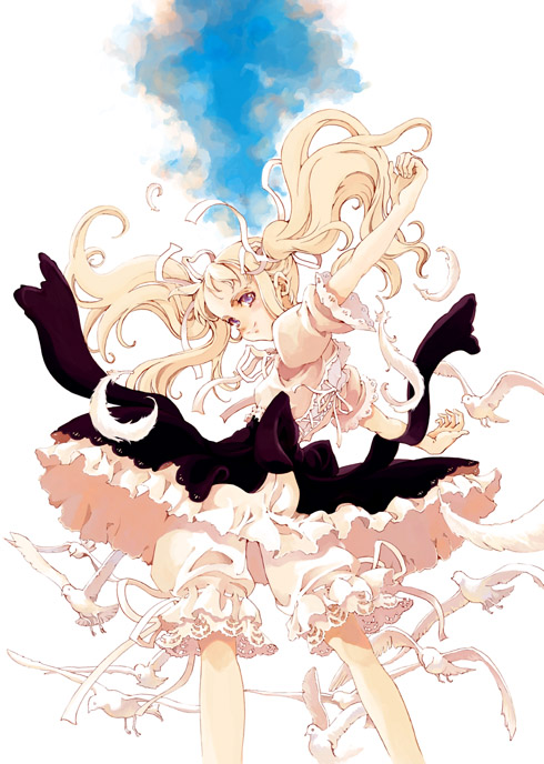 arm_up bird blonde_hair bloomers copyright_request dress endou_okito feathers frills long_hair looking_back silver_eyes smile twintails underwear white_bloomers wind wind_lift