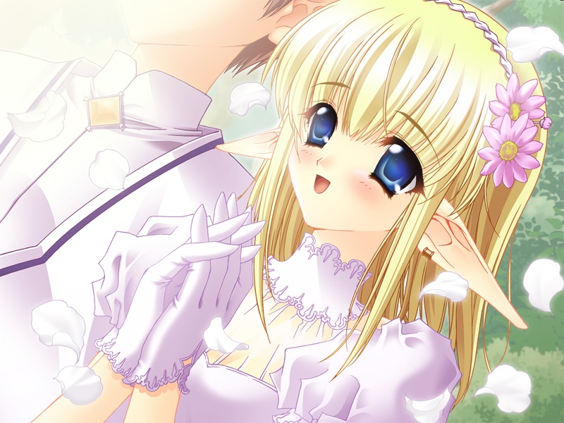 annette_vaslois blonde_hair blue_eyes blush bride carnelian dress elf moldavite pointy_ears solo wedding_dress