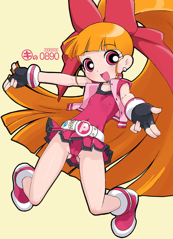 2006 :d akazutsumi_momoko belt black_gloves blush bow cameltoe covered_nipples cropped_jacket dated earrings fingerless_gloves flat_chest full_body gloves hair_bow hyper_blossom jewelry jumping kei_jiei long_hair looking_at_viewer miniskirt open_mouth orange_hair outstretched_arms panties pantyshot ponytail powerpuff_girls_z red_bow red_eyes red_footwear red_panties red_shirt red_skirt shirt shoes skirt smile solo spread_arms underwear yellow_background