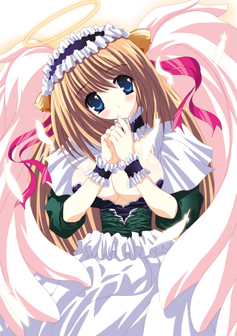 angel bell blonde_hair blue_eyes blush breasts cleavage copyright_request dress halo long_sleeves medium_breasts shikigami_azuma solo wings wrist_cuffs