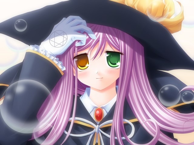 cross_world game_cg hat heterochromia long_sleeves purple_hair ren_ralpha_arcier sakurazawa_izumi solo
