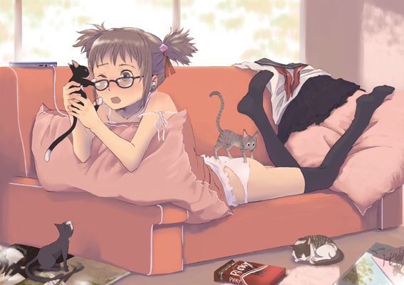 artist_request black_legwear brown_hair camisole cat copyright_request couch food glasses kitten lying on_stomach panties pillow pocky short_twintails solo thighhighs twintails underwear white_panties