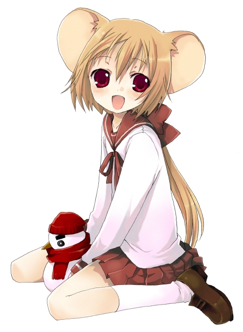 animal_ears blonde_hair brown_dress brown_hair dress flat_chest long_hair long_sleeves mouse_ears namori open_mouth original pleated_skirt red_eyes school_uniform shoes simple_background sitting skirt smile snowman socks solo wariza white_background