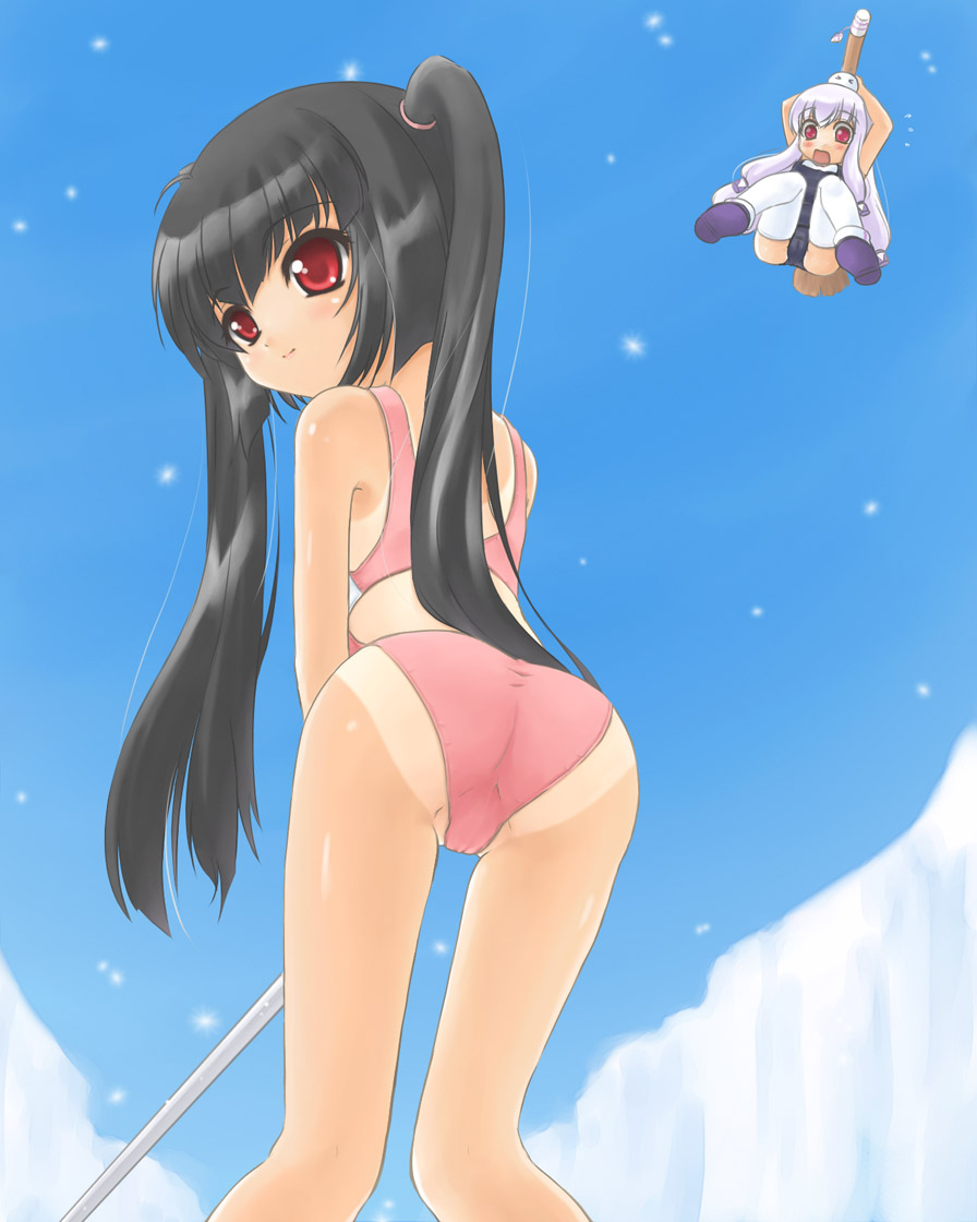 ass black_hair competition_swimsuit golf hide_(rightstuff_annex) kooh multiple_girls one-piece_swimsuit one-piece_tan pangya red_eyes swimsuit tan tanline tiki twintails
