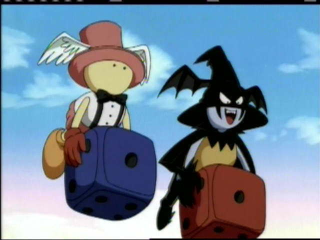 bow bowtie cloud day dice duel_monster evil_smile flying graceful_dice hat head_wings no_humans open_mouth screencap skull_dice sky smile suspenders teeth yuu-gi-ou yuu-gi-ou_duel_monsters